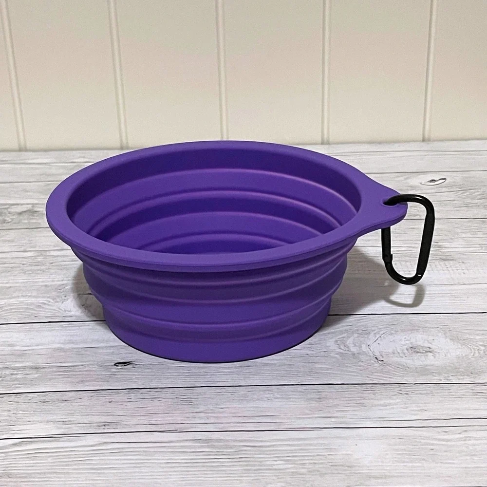 Purple Collapsible Silicone Pet Bowl with Carabiner for Hiking and Travel